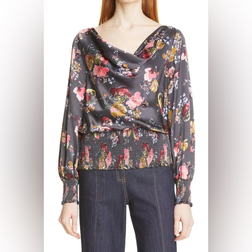 Cinq à Sept Ranya Floral Cowl Neck Silk Blouse